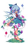  amakusa_(hidorozoa) barefoot blue_bow blue_dress blue_eyes blue_hair bow cirno commentary_request convolvulus dress flower from_side grass hair_bow hidden_star_in_four_seasons highres ice ice_wings neck_ribbon plant puffy_short_sleeves puffy_sleeves red_ribbon ribbon short_hair short_sleeves simple_background solo sparkle standing sunflower tan tanned_cirno touhou vines white_background wings 