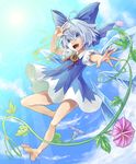  ahoge barefoot blue_bow blue_dress blue_eyes blue_hair bow cirno day dress flower hidden_star_in_four_seasons ice ice_wings kuro_(b_g) leaf looking_at_viewer open_mouth plant sky solo sunflower tanned_cirno touhou vines wings 