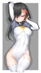  ;) arms_up black_hair blush breasts brown_eyes closed_mouth hair_over_one_eye headphones highres kemono_friends king_penguin_(kemono_friends) leotard long_hair looking_at_viewer medium_breasts multicolored_hair neko7 one_eye_closed simple_background smile solo streaked_hair thighhighs white_legwear zipper 