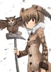  animal bird brown_eyes brown_hair coat commentary eurasian_eagle_owl eurasian_eagle_owl_(kemono_friends) eyebrows_visible_through_hair fur_collar hair_between_eyes head_wings ichihyaku_nanajuu kemono_friends long_sleeves owl short_hair staff 