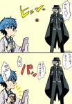  blue_eyes blue_hair caster_(fate/extra_ccc) cloak coat comic edmond_dantes_(fate/grand_order) fate/extra_ccc fate/grand_order fate_(series) glasses gloves grey_hair grin hair_over_one_eye hat open_mouth pants short_hair vest yellow_eyes 
