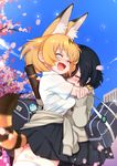  :d absurdres alternate_costume animal_ears bag black_hair black_skirt blonde_hair blurry blush cherry_blossoms closed_eyes clothes_around_waist collared_shirt commentary contemporary cowboy_shot crying depth_of_field happy_tears highres hug japari_symbol kaban_(kemono_friends) kemono_friends lucky_beast_(kemono_friends) miniskirt multiple_girls open_mouth pleated_skirt school_uniform serval_(kemono_friends) serval_ears serval_tail shirt skindentation skirt smile spoilers striped_tail sweater_around_waist tail tears thighs try wavy_hair white_legwear wristband yuri 