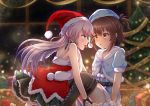  2girls absurdres bare_shoulders black_legwear blue_gloves blue_hat blush christmas christmas_tree cross-laced_legwear etou_kanami eye_contact food fruit gift gloves hat highres indoors long_hair looking_at_another mouth_hold multiple_girls purple_hair red_hat santa_costume santa_hat short_hair short_sleeves sitting strawberry thighhighs toji_no_miko tsubakuro_yume wristband yumina_(artist) yuri 