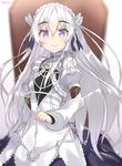  blush butterfly_hair_ornament chaika_trabant coffin dress eyebrows frills hair_ornament hairband hitsugi_no_chaika isshiki_(ffmania7) lolita_hairband long_hair looking_at_viewer purple_eyes silver_hair smile solo twitter_username white_hair 