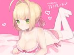  ahoge blush breasts cleavage dated fate/extra fate_(series) full_body green_eyes hair_intakes hair_ribbon large_breasts munuko nero_claudius_(fate) nero_claudius_(fate)_(all) ribbon smile solo 