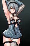  armpits arms_up black_background breasts cleavage cosplay cowboy_shot cropped_jacket finalcake hair_over_one_eye hairband highres hips kaine_(nier) kaine_(nier)_(cosplay) leotard looking_at_viewer medium_breasts mole mole_under_mouth nier_(series) nier_automata no_blindfold short_hair silver_eyes silver_hair simple_background single_thighhigh solo thighhighs thighs white_leotard yorha_no._2_type_b 