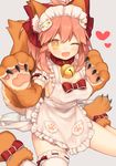  animal_ears apron bell bell_collar breasts cleavage collar fang fate/grand_order fate_(series) fox_ears fox_tail hair_ribbon large_breasts long_hair looking_at_viewer maid_headdress munuko one_eye_closed open_mouth paws pink_hair ribbon solo tail tamamo_(fate)_(all) tamamo_cat_(fate) thighhighs white_legwear yellow_eyes 