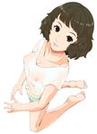  1girl bangs barefoot breasts brown_eyes brown_hair cleavage eyelashes feet foreshortening from_above kawakami_sadayo kneeling lips looking_at_viewer looking_up nipples persona persona_5 perspective short_hair simple_background soles solo toes wavy_hair wet wet_clothes white_background 