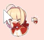  &gt;_&lt; :d ahoge blonde_hair blush chibi closed_eyes commentary_request cursor dress fate/extra fate_(series) full_body hair_intakes munuko nero_claudius_(fate) nero_claudius_(fate)_(all) open_mouth pixel_art red_dress smile solo xd 