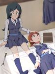  against_wall barbara_parker bed bed_sheet bedroom black_eyes black_hair book breasts brown_eyes hair_ribbon hand_on_another's_head hand_on_another's_leg hand_on_own_chest hanna_england highres little_witch_academia long_hair looking_to_the_side luna_nova_school_uniform lying multiple_girls navy_blue_legwear no_shoes on_bed oshiza petting pleated_skirt ponytail red_hair ribbon school_uniform sitting skirt small_breasts socks wand yellow_ribbon yuri 