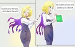 baker_at_bat blonde_hair blouse breasts cape cleavage ellen_baker english glasses glynda_goodwitch green_eyes iesupa new_horizon pantyhose parody riding_crop rwby solo tablet_pc white_blouse 