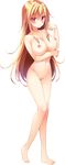  barefoot blonde_hair blush breasts full_body hanikami_clover highres kakao large_breasts long_hair navel nipples no_pussy nude official_art red_eyes smile solo suoh_emiru transparent_background 