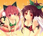  :3 alternate_costume alternate_hairstyle animal_ears ass_visible_through_thighs bangs bare_arms bare_shoulders bell bikini blush bob_cut bow breasts bun_cover cat_ears cat_tail cleavage closed_mouth collarbone cowboy_shot double_bun extra_ears green_bikini green_bow hair_bow innertube jingle_bell kaenbyou_rin leaning_forward looking_at_viewer medium_breasts minamura_haruki multi-strapped_bikini multiple_girls multiple_tails parted_bangs pink_eyes pointy_ears ponytail red_bikini red_eyes red_hair reiuji_utsuho short_hair side-tie_bikini sidelocks smile striped striped_background swimsuit tail thigh_gap touhou two_tails vertical-striped_background vertical_stripes 
