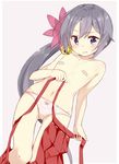  akebono_(kantai_collection) bandaid bandaids_on_nipples bell blush bow bow_panties crotch_seam flat_chest flower hair_bell hair_flower hair_ornament highres japanese_clothes jingle_bell kantai_collection kengorou_saemon_ii_sei lace lace-trimmed_panties long_hair looking_at_viewer navel no_bra panties pasties pink_panties ponytail purple_hair red_skirt ribbon_trim side_ponytail skirt skirt_pull solo topless underwear wavy_mouth 