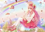  bad_id bad_pixiv_id bird bow bunny cake crossed_legs day eyebrows_visible_through_hair food hair_between_eyes hair_bow highres long_hair neck_ribbon original outdoors pink_hair rainbow red_eyes red_skirt ribbon sitting skirt solo striped striped_bow striped_ribbon thighhighs very_long_hair white_legwear xinghuo 