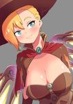  2016 absurdres alternate_costume asymmetrical_bangs bangs blonde_hair blue_eyes breasts brown_gloves cape cleavage earrings elbow_gloves gloves halloween hat highres jack-o'-lantern jack-o'-lantern_earrings jewelry large_breasts looking_at_viewer mechanical_wings mercy_(overwatch) overwatch rogeris signature smile solo upper_body wings witch witch_hat witch_mercy 