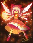  &gt;:) achi_cirno alternate_color blush_stickers bobby_socks bow cirno commentary dated dress fiery_wings fire flower full_body glowing hair_between_eyes hair_bow hidden_star_in_four_seasons looking_at_viewer lunamoon outstretched_arms puffy_short_sleeves puffy_sleeves red_bow red_dress red_eyes red_footwear shoes short_hair short_sleeves signature silver_hair smile smug socks solo spread_arms sunflower tanned_cirno touhou v-shaped_eyebrows white_legwear wings 