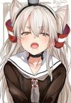  amatsukaze_(kantai_collection) artist_name black_hat blonde_hair blush brown_eyes brown_shirt choker collarbone eyebrows_visible_through_hair grey_neckwear hair_between_eyes hair_tubes hairband hat isshiki_(ffmania7) kantai_collection long_hair looking_at_viewer mini_hat neckerchief open_mouth sailor_collar shirt sketch solo teeth twitter_username two_side_up upper_body 