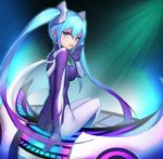  bad_id bad_pixiv_id black_bodysuit blue_eyes blue_hair blush bodysuit eyebrows_visible_through_hair hair_ornament highres league_of_legends lee_seok_ho long_hair looking_at_viewer looking_back open_mouth smile solo sona_buvelle tongue tongue_out twintails 