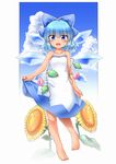  bangs barefoot blue_eyes blue_hair blush bow cirno cloud day dress eyebrows eyebrows_visible_through_hair flower hair_between_eyes hair_bow hidden_star_in_four_seasons highres ice ice_wings leaf looking_at_viewer m9kndi open_mouth plant short_hair sky solo sundress sunflower tan tanned_cirno touhou vines white_dress wings 