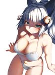  animal_ears aqua_eyes arm_support bell bikini blush breasts cleavage collarbone commentary_request hisame_shakadou kanpani_girls large_breasts lolicept looking_at_viewer navel short_hair silver_hair smile solo swimsuit transparent_background white_bikini 