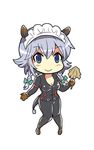  animal_ears blue_eyes breasts cleavage colonel_aki cosplay duster gloves hair_ribbon hippopotamus_(kemono_friends) hippopotamus_(kemono_friends)_(cosplay) hippopotamus_ears izayoi_sakuya kemono_friends knees_together_feet_apart long_hair looking_at_viewer maid_headdress medium_breasts pants ribbon shirt sidelocks silver_hair smile solo tail tight tight_shirt touhou white_background 