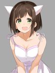  alternate_costume animal_ears bare_shoulders blush breasts brown_hair cat_ears cleavage collarbone dress eyebrows_visible_through_hair fake_animal_ears fang green_eyes grey_background idolmaster idolmaster_cinderella_girls isshiki_(ffmania7) looking_at_viewer maekawa_miku medium_breasts open_mouth short_hair simple_background solo white_dress 