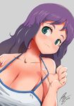  2016 :3 bare_shoulders blush breasts camisole covered_nipples green_eyes highres huge_breasts long_hair looking_to_the_side original purple_hair rogeris signature smug solo spaghetti_strap strap_lift upper_body wavy_hair 