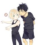  ? black_hair blonde_hair blush child green_eyes grey_eyes male_focus multiple_boys nechi774 otabek_altin shorts spoken_question_mark tank_top younger yuri!!!_on_ice yuri_plisetsky 