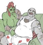  big_breasts body_hair boxers_(clothing) breasts chest_hair clothed clothing dannyg drooling duo female humanoid male musclegut nipples orc saliva sitting sketch sleeping underwear 