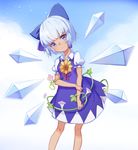  blue_bow blue_dress blue_eyes blue_hair blue_sky bow cirno commentary_request cowboy_shot day dress flower hair_bow hand_on_own_arm head_tilt hidden_star_in_four_seasons hummingbird_(artist) ice ice_wings looking_at_viewer morning_glory pink_flower puffy_short_sleeves puffy_sleeves short_sleeves sky smile solo tan tanned_cirno touhou wings yellow_flower 