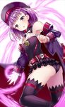 ass bare_shoulders beret black_legwear blush bow bowtie detached_sleeves fate/grand_order fate_(series) hat helena_blavatsky_(fate/grand_order) looking_at_viewer md5_mismatch open_mouth panties purple_eyes purple_hair shimo_(shimo_00) short_hair solo strapless thighhighs underwear white_bow 
