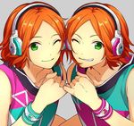  2wink ;) aoi_hinata aoi_yuuta bracelet brothers center_part ensemble_stars! green_eyes grin headphones jewelry looking_at_viewer lowres male_focus multiple_boys one_eye_closed orange_hair siblings sleeveless smile twins upper_body wand3754 wristband 