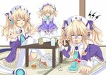  angry bad_id bad_pixiv_id blank_eyes blonde_hair blood blood_from_mouth blush book cup drinking_glass food fujishima_tsubasa hair_ornament hat highres histoire long_hair multiple_girls multiple_persona neptune_(series) open_mouth pudding shaded_face smile tea tears twintails water white_eyes wings 