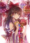  bangs bell blurry blurry_background bow brown_eyes brown_hair detached_sleeves hagiwara_rin hair_bow hakurei_reimu japanese_clothes long_hair miko red_bow red_ribbon ribbon solo strapless touhou 