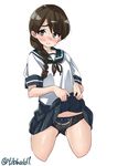  ass_visible_through_thighs bangs black_panties blue_bow blue_skirt blush bow bow_panties braid brown_eyes brown_hair collarbone cowboy_shot cropped_legs ebifurya eyebrows_visible_through_hair hair_bow hair_over_shoulder highres kantai_collection lifted_by_self long_hair open_mouth panties pleated_skirt red_bow school_uniform serafuku short_sleeves simple_background single_braid skirt skirt_lift solo sweat twitter_username underwear uranami_(kantai_collection) white_background 