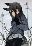  absurdres animal_ears black_gloves black_legwear black_neckwear blue_bow blue_jacket blurry blurry_background bow closed_mouth cloud cloudy_sky commentary cowboy_shot day depth_of_field extra_ears fox_ears fox_tail from_side gloves grass grey_hair grey_skirt grey_sky highres hiranko jacket kemono_friends long_hair long_sleeves necktie orange_eyes outdoors pantyhose pleated_skirt power_lines profile silver_fox_(kemono_friends) skirt sky snow snowing solo standing tail telephone_pole 