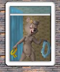  2016 anthro bear breasts cindy_bear clothing exhibitionism featureless_breasts featureless_crotch female hanna&ndash;barbera mammal mousetache scarf skirt solo undressing window 