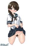  ass_visible_through_thighs bangs bar_censor black_panties blue_bow blue_skirt blush bow bow_panties braid brown_eyes brown_hair censored collarbone cowboy_shot cropped_legs ebifurya eyebrows_visible_through_hair groin hair_bow hair_over_shoulder highres kantai_collection lifted_by_self long_hair no_panties open_mouth panties pleated_skirt pubic_hair pussy red_bow school_uniform serafuku short_sleeves simple_background single_braid skirt skirt_lift solo sweat twitter_username underwear uranami_(kantai_collection) white_background 