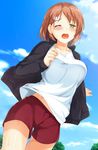  blue_sky bouncing_breasts breasts breath brown_hair cloud cloudy_sky collarbone commentary_request cowboy_shot day dutch_angle green_eyes gym_shorts gym_uniform half-closed_eye hand_up heavy_breathing highres imouto-chan_to_taka-kun jacket large_breasts one_eye_closed open_clothes open_jacket open_mouth open_track_jacket original outdoors running school_uniform shirt short_hair shorts sky solo sweat thighs uzuki_hiro v-neck white_shirt 