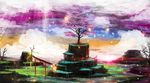  cherry_blossoms cloud commentary commentary_typo english_commentary highres landscape light_particles no_humans original purple_sky scenery sky torii tree water 