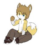  2017 annoyed anthro bandage biceps big_head blue_eyes brown_hair canine clothed clothing digital_media_(artwork) flexing fox fur hair looking_at_viewer male mammal oob pants pubes short_hair simple_background sitting sneakers solo toony topless white_background yellow_fur 