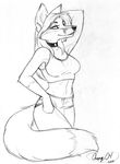  2009 anthro breasts canine choker clothed clothing ear_piercing female fox kristi looking_at_viewer mammal midriff monochrome orange04 piercing portrait shorts skimpy smile solo standing three-quarter_portrait 