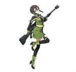  asada_shino black_hair black_legwear boots breasts brown_eyes dress full_body glasses green_dress green_footwear gun hair_between_eyes hair_ribbon holding holding_gun holding_weapon looking_at_viewer medium_breasts official_art one_eye_closed ribbon rifle short_dress short_hair_with_long_locks sidelocks simple_background smile sniper_rifle solo standing sword_art_online sword_art_online:_code_register thighhighs weapon white_background white_ribbon zettai_ryouiki 