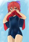  blue_bow blush bow cloak embarrassed hair_bow highres red_cloak red_eyes red_hair school_swimsuit sekibanki short_hair solo swimsuit touhou turtleneck tyouseki 