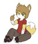  2017 annoyed anthro bandage biceps big_head blue_eyes brown_hair canine claws clothed clothing digital_media_(artwork) fox fully_clothed fur hair kemono looking_at_viewer male mammal middle_finger oob pants shirt short_hair simple_background sitting sneakers solo t-shirt toony white_background yellow_fur 