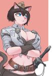  2016 absurd_res anthro beauty_mark belt black_hair blue_eyes breasts bypos cat cleavage clothed clothing crossed_arms feline female fur gloves hair half-length_portrait hat hi_res inner_ear_fluff looking_away low-angle_view mammal melee_weapon midriff military pink_fur portrait short_hair simple_background solo standing sword weapon 