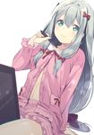  3: bangs between_legs blue_eyes blush bow closed_mouth dutch_angle eromanga_sensei hair_between_eyes hair_bow highres holding izumi_sagiri long_hair looking_at_viewer natasha_(pommier) navel pajamas silver_hair simple_background sitting solo stylus tablet white_background 