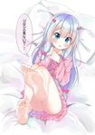  1girl barefoot bed blue_eyes blush eromanga_sensei feet hair_bow hands_on_own_chest izumi_sagiri long_hair looking_at_viewer lying one_leg_raised oyumaru0 pajamas pov pov_feet silver_hair soles toes translated 