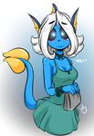  2016 anthro black_sclera blue_skin blueberry_swirl blush breasts cleavage clothed clothing duckdraw eeveelution english_text female hair looking_at_viewer nintendo pok&eacute;mon purse solo text vaporeon video_games white_hair 